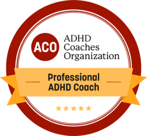 A red and yellow badge with the words professional adhd coach